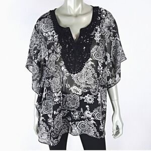 Overdrive Women's Flutter Sleeve, Lace Trimmed Blouse Sz 1x